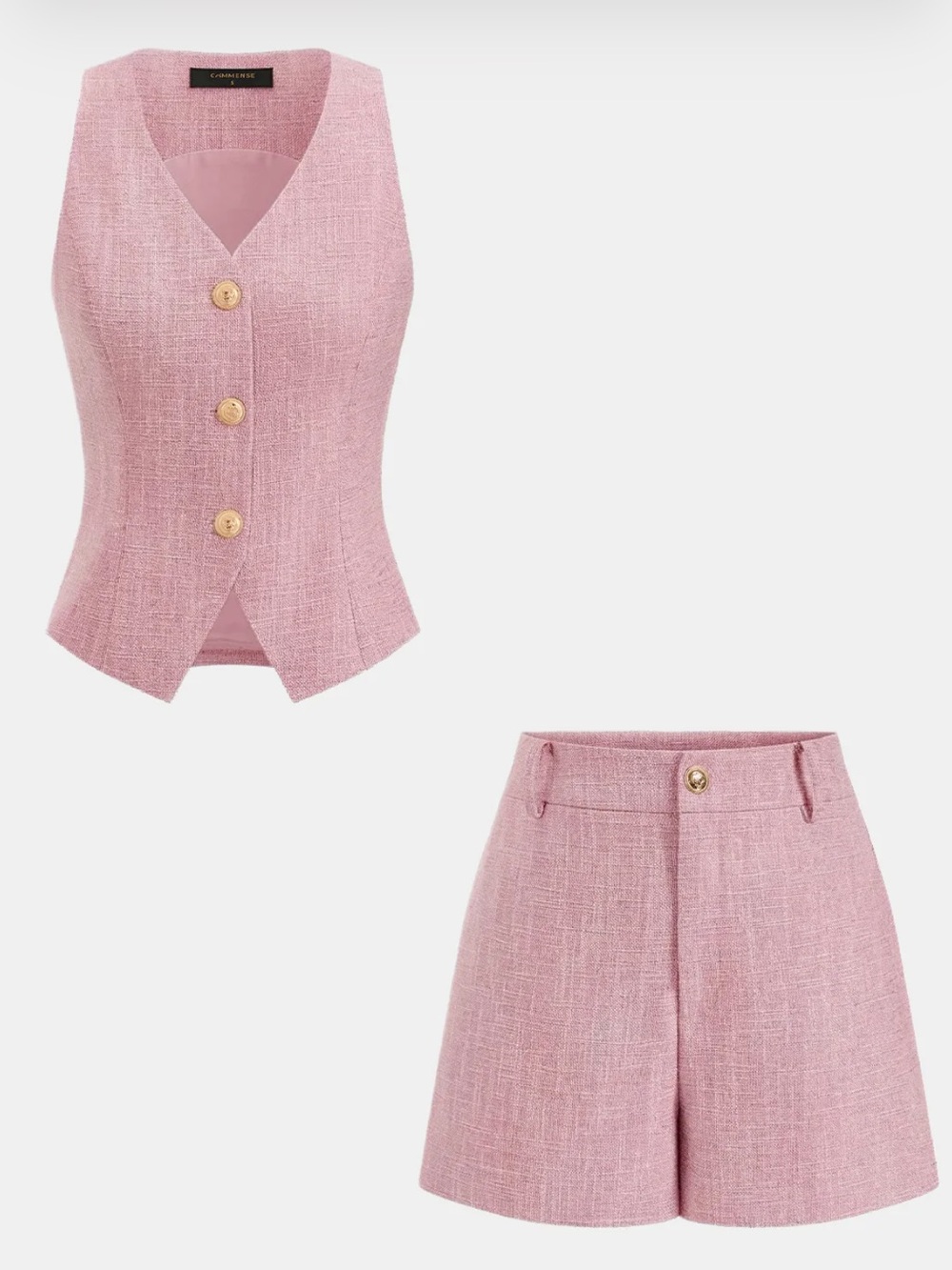 Commense Pink Tweed Tailored High-Waist Shorts